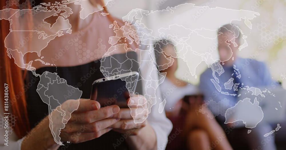 Aufkleber image of data processing and world map over caucasian woman using smartphone