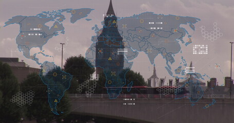 Image of data processing and world map against city traffic and big ben tower