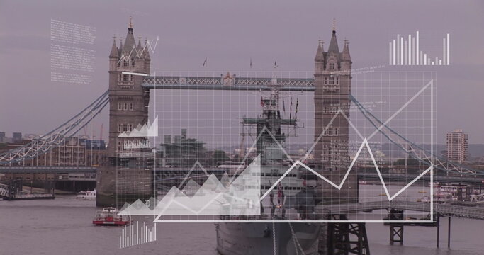 Image of data processing against aerial view of london bridge