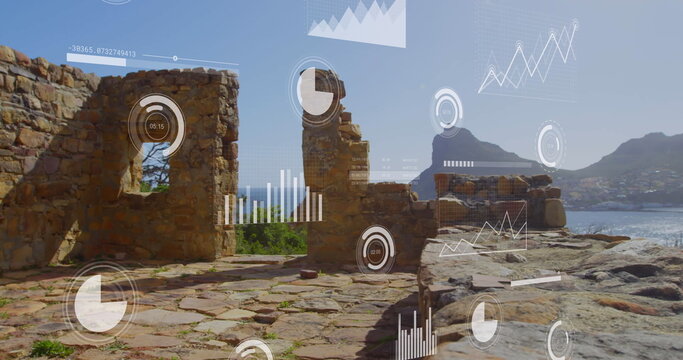 Image of data processing against view of fort and sea
