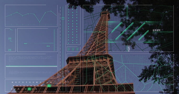 Image of interface with data processing against low angle view of eiffel tower