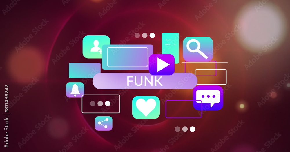 Poster image of funk text in rectangle and computer application icons against lens flares in background