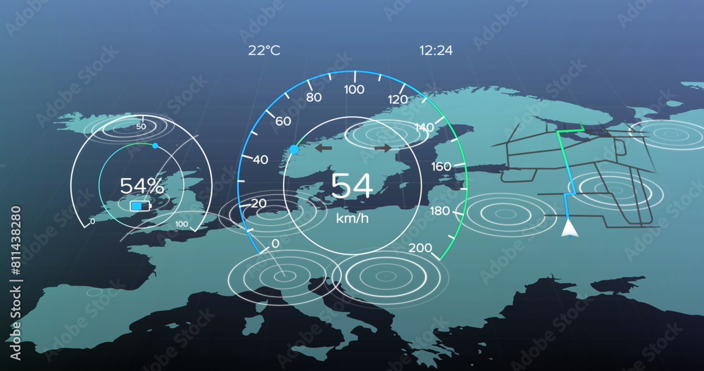 Poster image of car gauge and data processing over map of europe