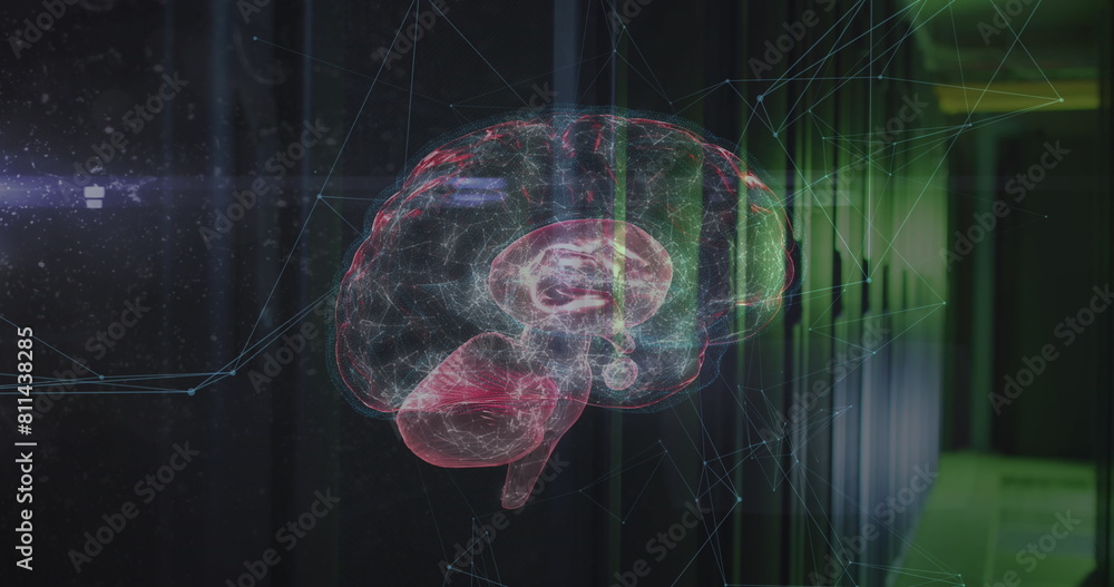 Poster image of network of connections and brain over server room