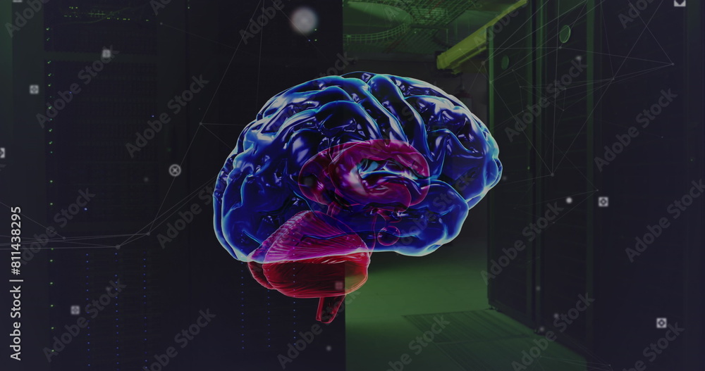 Poster image of network of connections and brain over server room