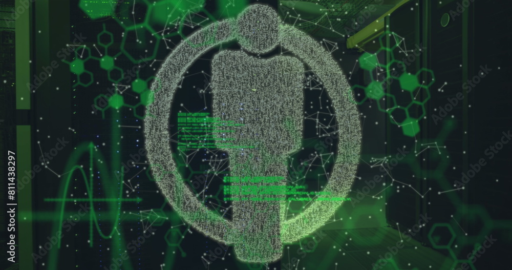 Poster image of connected dots forming male symbol over computer language, shapes, molecule structures