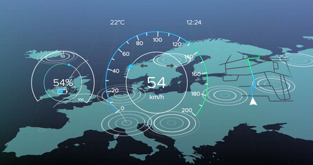 Naklejka premium Image of car gauge and data processing over map of europe