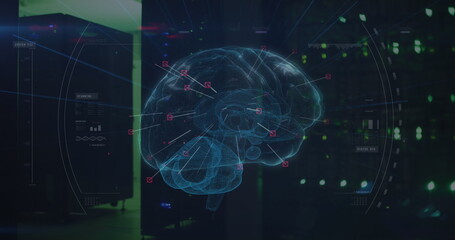Image of network of connections and brain over server room