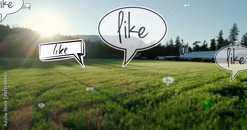 Poster image of like text on multiple speech bubbles floating against aerial view of grassland