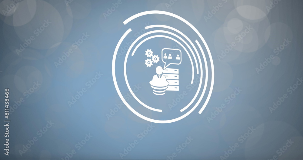 Poster image of icons and data processing over blue background