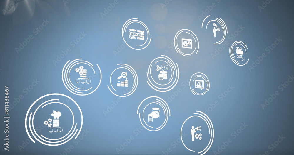 Poster image of icons and data processing over blue background