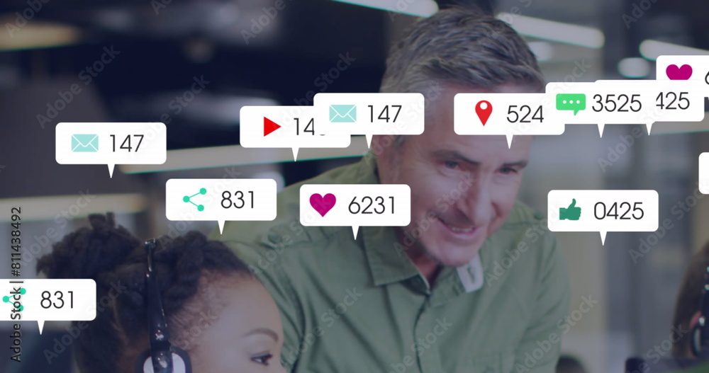 Poster image of multiple notification bars over diverse coworkers discussing reports on desk