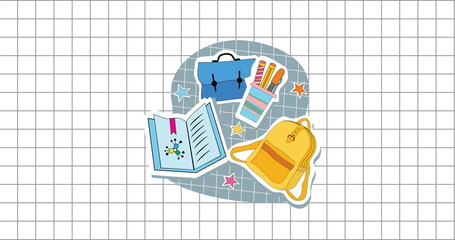 Image of book, bag, pencils, bag on abstract pattern over grid pattern against white background