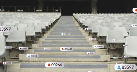 Image of social media icons foating against empty stands in the sports stadium