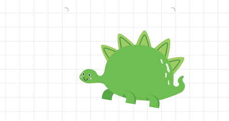 Image of green dinosaur cartoon over grid pattern against white background