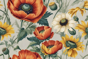 A seamless pattern of floral chintz pattern reminiscent of the 1940s.