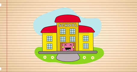 Fototapeta premium Image of school text on smiling house drawing over book page in background