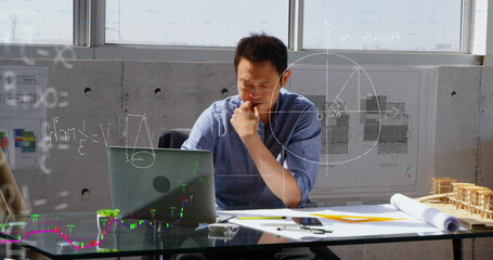 Image of mathematical equation and diagrams, asian architect designing blueprint on laptop