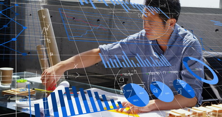 Image of graphs, mathematical equation and diagrams, asian architect using calculator in office