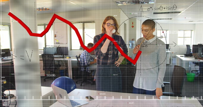 Image of graph, mathematical equations, diagrams, diverse female architects discussing blueprint - Powered by Adobe