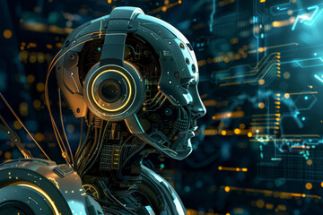 Abstract futuristic portrait of robot with headphones and digital circuitry