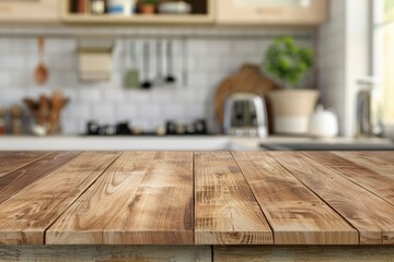 Wood table top on blur kitchen counter (room)background.For montage product display or design key visual layout - generative ai