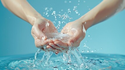 Woman washing cleaning hands by both two hands purity transparent water blue background