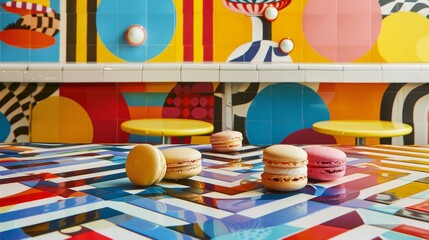 Bold geometric patterns on vivid macarons, set in a retro-inspired cafe scene, blending tradition with modern flair