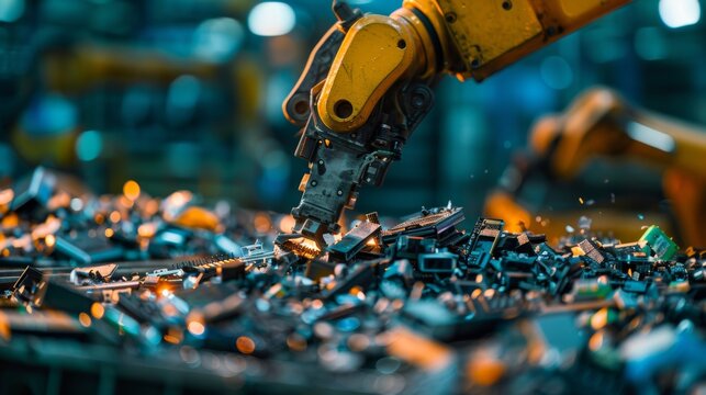 Brightly lit close-up of a robot worker dismantling e-waste at a recycling plant, emphasizing the concept of sorting and sustainability