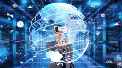 Businesswoman selecting big data dynamic market rotating world analysis monitor by VR future global...