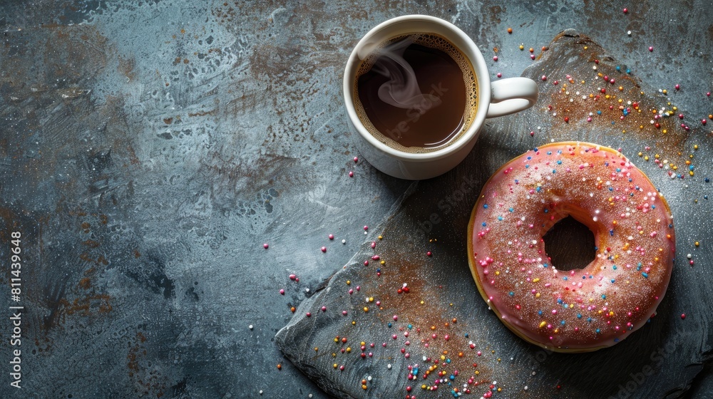 Poster top down view of a delicious donut and a steaming cup of coffee displayed on a rustic stone table of
