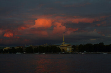Neva River and Admiralty Embankment at sunset, St. Petersburg.