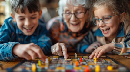 Elderly woman with grandchildren engaged in a lively board game, highlighting family fun and educational interaction.