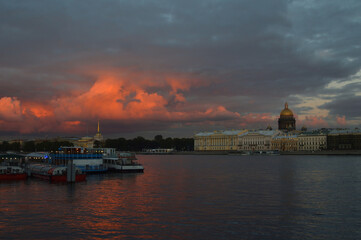 Neva River and English Embankment at sunset, St. Petersburg.