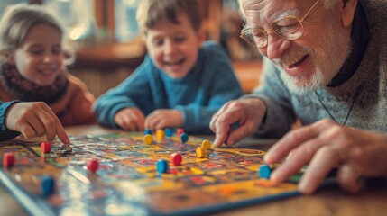  Elderly man playing a board game with young grandchildren, depicting a joyful family moment.