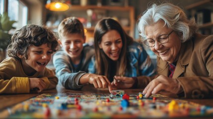 Elderly woman and three children enjoying a board game, sharing smiles and teamwork in a cozy setting. - Powered by Adobe