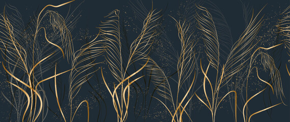 Luxury dark blue art background with leaves and grass in gold color. Botanical hand drawn vector banner for print design, textile, decor, packaging, wallpaper.
