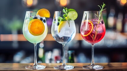 colorful gin tonic cocktails drinks in wine glasses on the bar counter