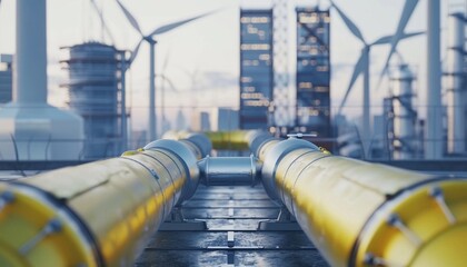 pipes at sustainable industrial refinery during with wind turbines in the city concept of petrochemical industry and green engineering