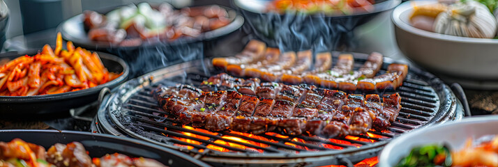 a variety of Korean barbeque meat, including marinated pork belly and sausages on the grill with various sides like kimchi vegetables in small bowls, generative AI