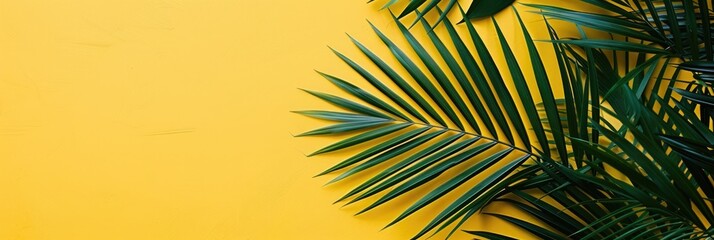 Obraz premium green palm leaves framing on yellow background on summer concept