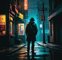 Digital Art of a Mysterious Man in Deserted Night Street, AI Generative