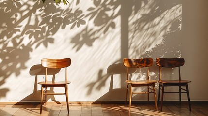 Detailed, real-life shadow patterns from trees by wooden chairs, conveying tranquility and the serene blend of light, isolated studio setting