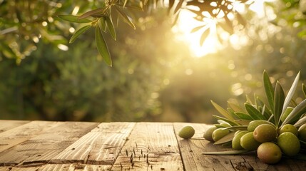 Green olive seeds with leaves on empty wooden table with blurred background.