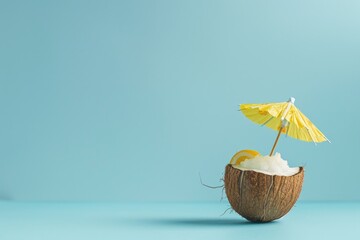 coconut drink  cocktail yellow umbrella on blue background on summer	