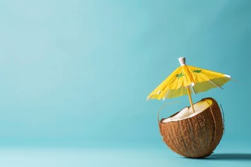 coconut drink  cocktail yellow umbrella on blue background on summer	