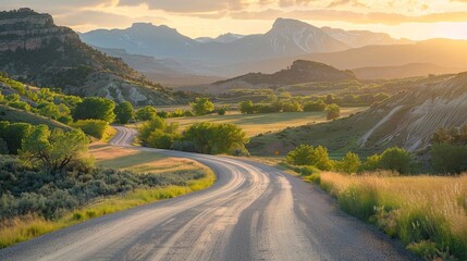 Naklejka premium Country road cutting through rolling hills, leading towards rugged, rocky mountains in the distance, glowing under bright sunlight