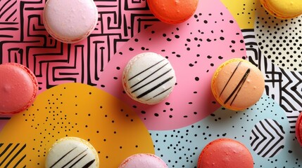 Colorful macarons meet abstract art, with sharp lines and retro patterns, a feast for the eyes in a stylish setup