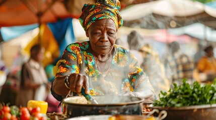 A senior African woman Wearing traditional attire is cooking at the local food market. .