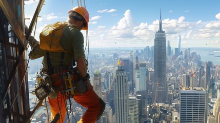 Professional construction worker standing at skyscraper while wearing safety helmet. Skilled civil engineer climbing and walking at tall tower while using safety gear at construction site. AIG42.